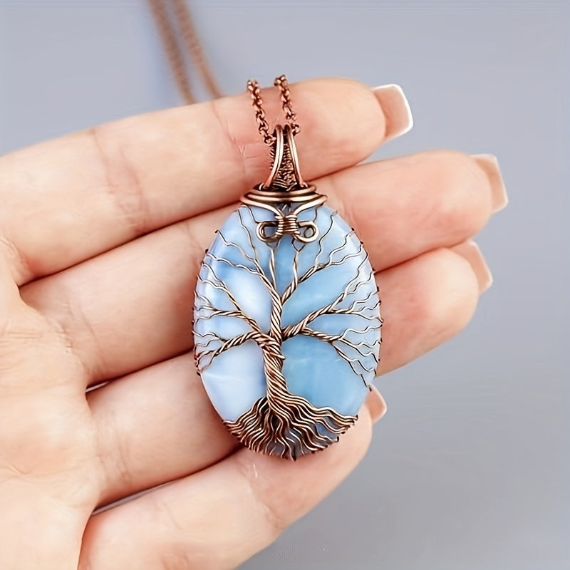 Bohemian Tree of Life Opal Pendant Necklace - Natural Stone Amulet Jewelry for Men & Women