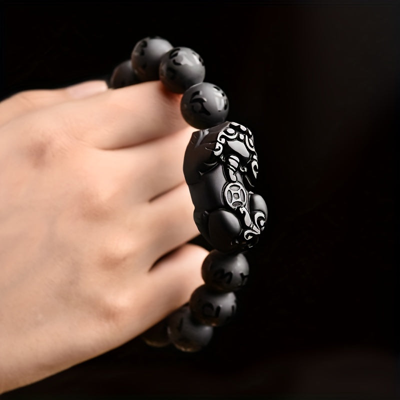 Obsidian Pixiu Six Word Motto Bracelet For Men's Frosted Six Word Truth Buddha Beads Bracelet Crystal Buddha Beads Single Loop Jewelry Bracelet