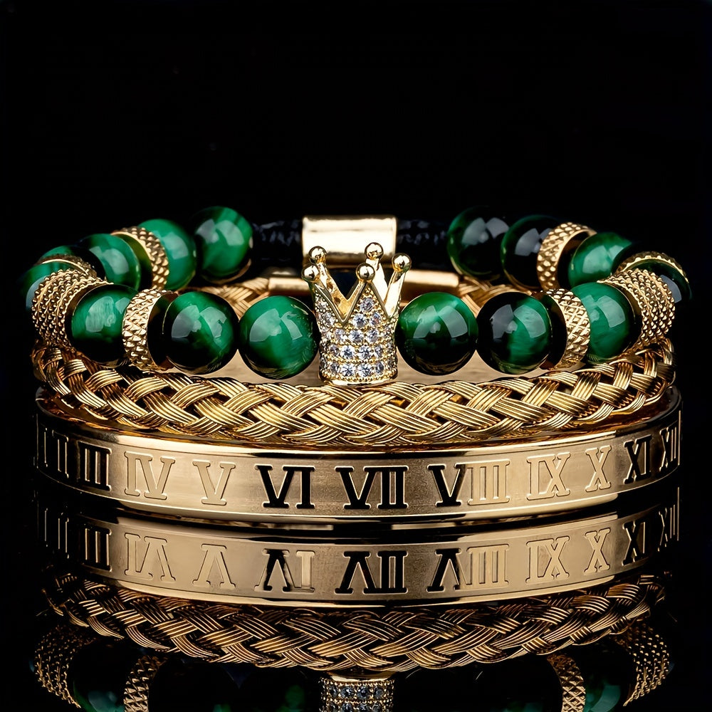 3pcs Roman Royal Crown Charm Men Bracelet, Stainless Steel Tiger's Eye Stone Geometry Open Adjustable Bracelets Couple Jewelry