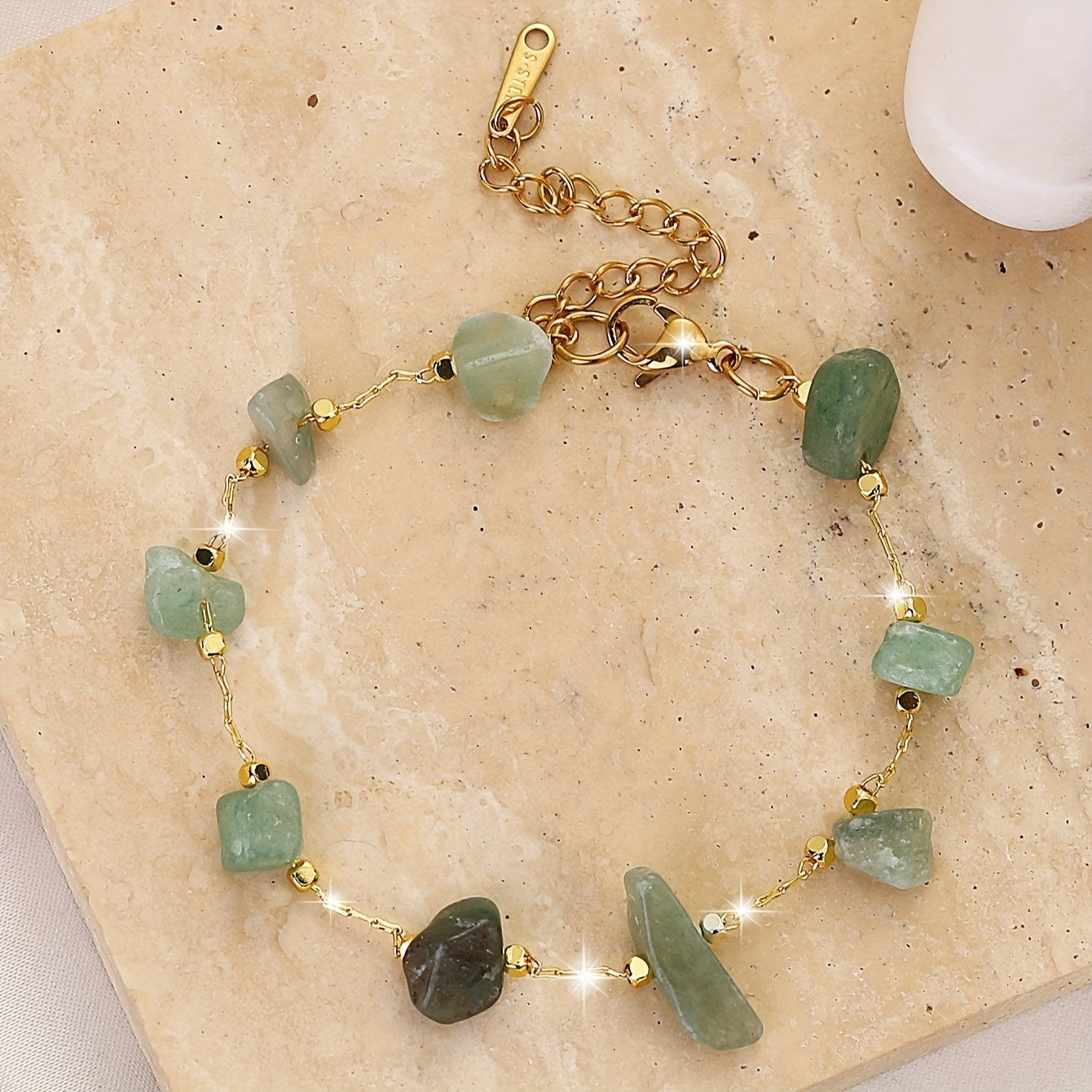 1 Bohemian Beach-Inspired Double-Layer Green Stone Bracelet - Vintage Luxury Stainless Steel with Irregular Beads, Adjustable Clasp - Ideal for Parties & Gifts, Beach Accessories