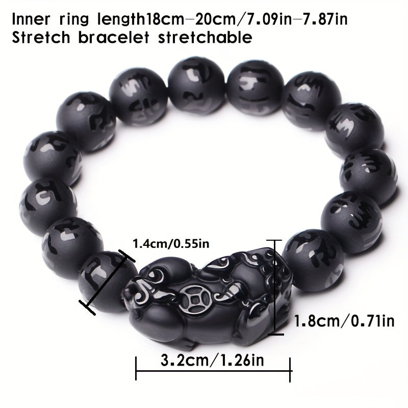 Obsidian Pixiu Six Word Motto Bracelet For Men's Frosted Six Word Truth Buddha Beads Bracelet Crystal Buddha Beads Single Loop Jewelry Bracelet