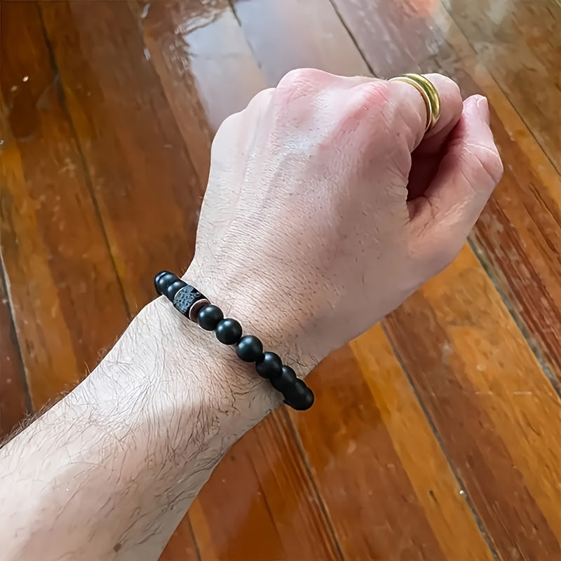 1pc Authentic Mens Volcanic Stone Bracelet - Porous Black Agate, Sleek & Stylish Jewelry For The Modern Gentleman