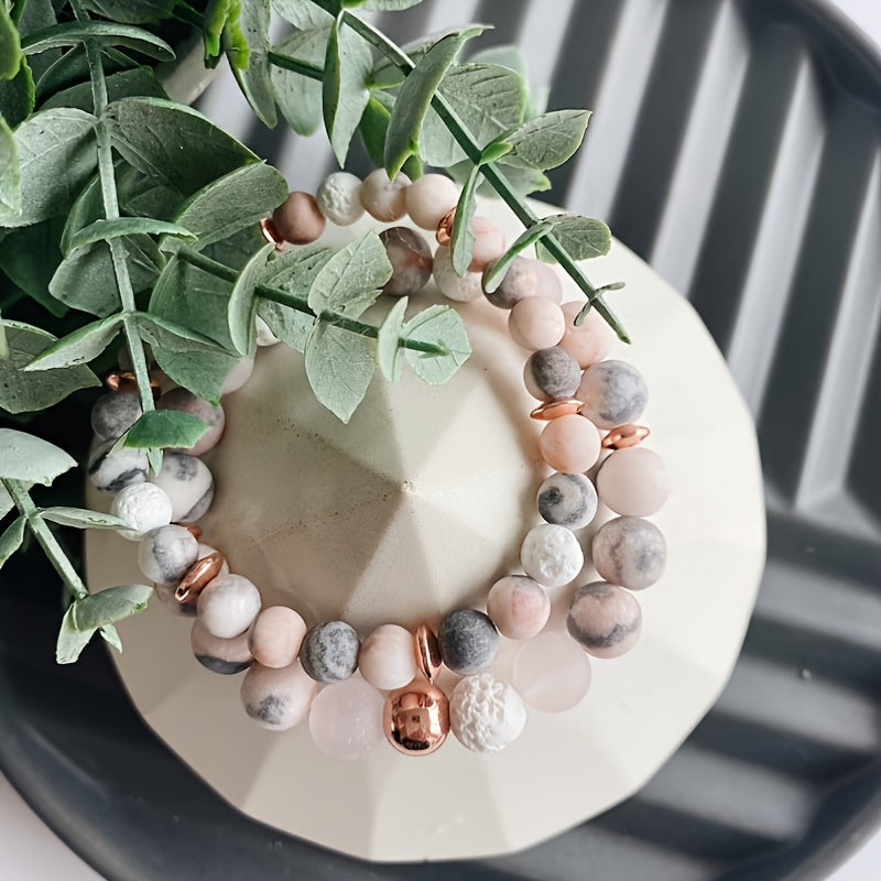 1pc Charm Jasper And Rose Gemstone Beaded Bracelet, Rose Quartz Crystal Jewelry Bracelets For Men Women Essential Oil Diffuser Bracelet