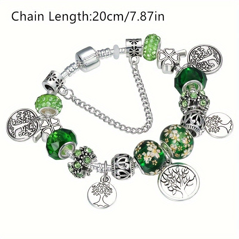 Stunning Silvery Tree of Life Green Bead Bracelet -  Elegant & Symbolic -  Green Beads & Silver - Perfect Valentine's Gift for Her