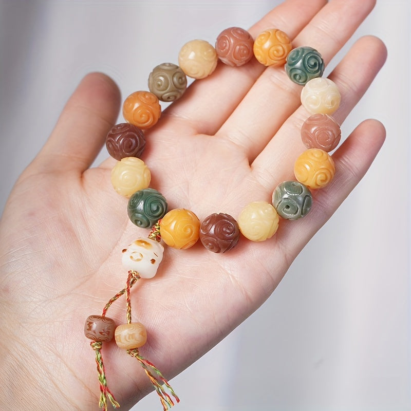 Elegant Bodhi Bead Bracelet with Intricate Carvings – Multicolor Buddhist Prayer Beads, Candy Cat Design, Ideal for Daily Wear, Beads for Bracelets