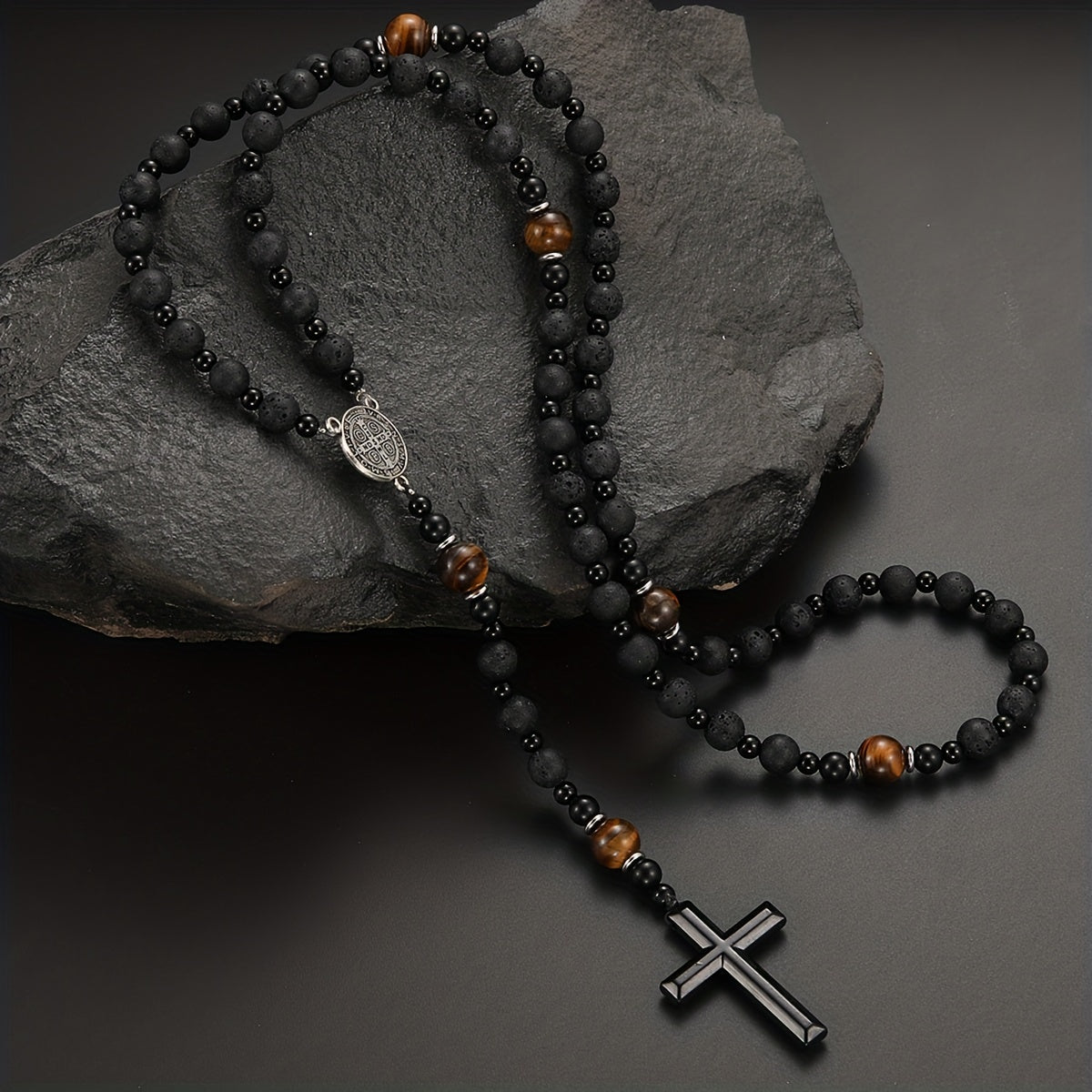 1pc Natural Volcanic Rock Black Agate & Tiger Eye Tag Cross Pendant Rosary Necklace for Men & Women