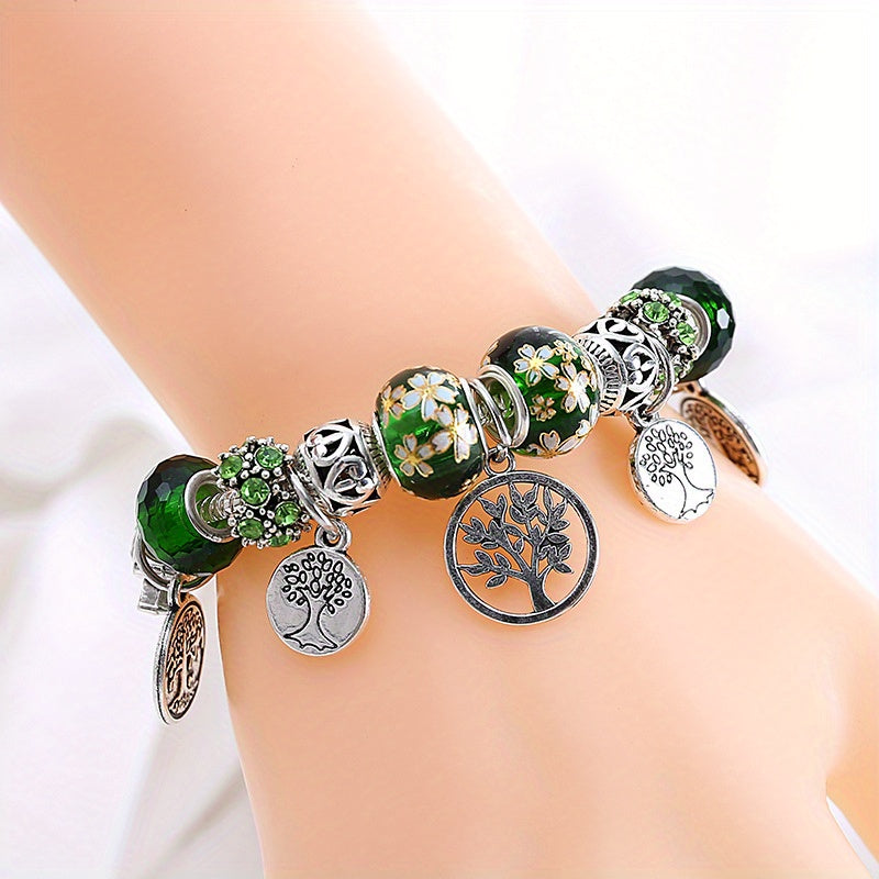 Stunning Silvery Tree of Life Green Bead Bracelet -  Elegant & Symbolic -  Green Beads & Silver - Perfect Valentine's Gift for Her