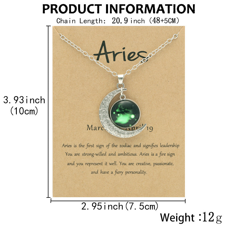 Cross-border New Luminous 12 Zodiac Necklace Retro Moon Pendant Card Short Necklace, father's day gift