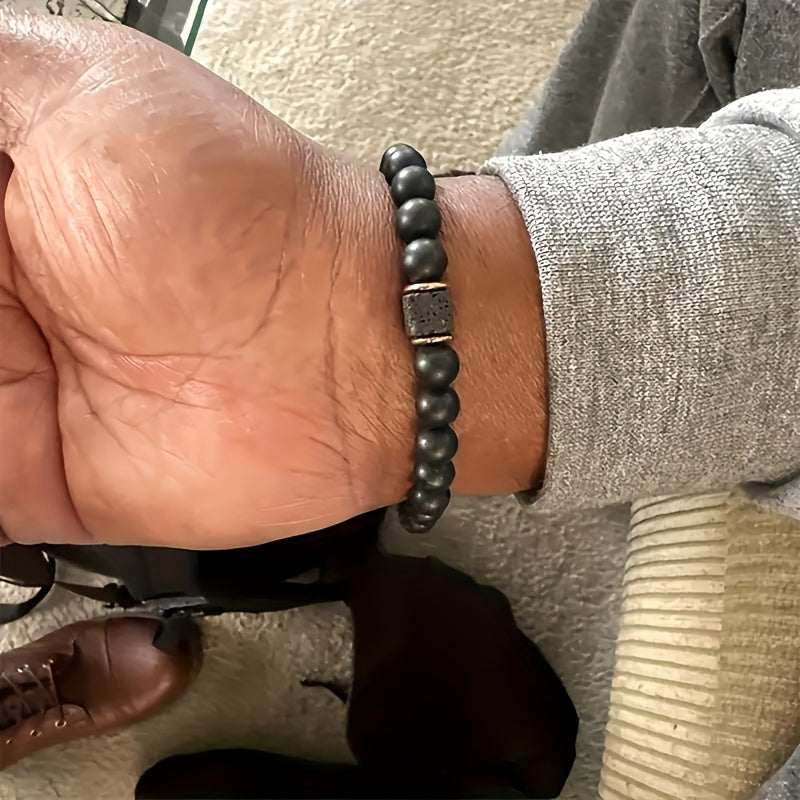 1pc Authentic Mens Volcanic Stone Bracelet - Porous Black Agate, Sleek & Stylish Jewelry For The Modern Gentleman
