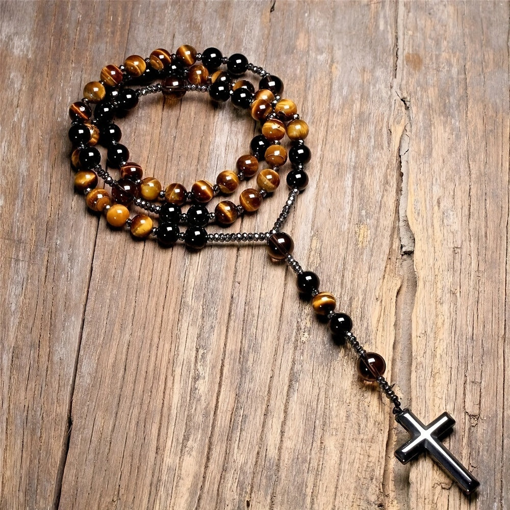 1pc Natural Tiger Eye Round Bead Long Chain Necklace with Hematite Cross Rosary Beads, Men's Jewelry for Spiritual Style