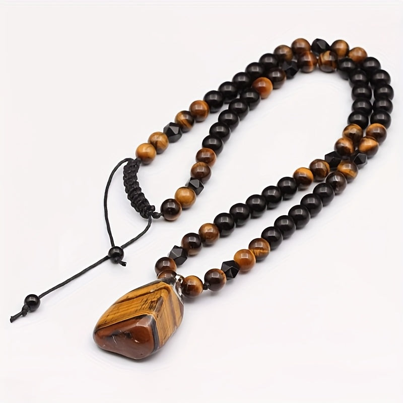 Men's 8mm Tiger Eye Stone Pendant Necklace - Adjustable Black Agate Beaded Long Chain, Unique Christmas Gift Idea