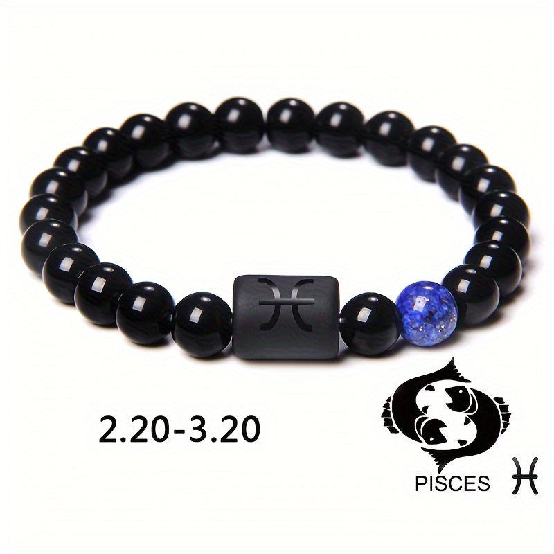 1pc Unisex 12 Constellation Signs Beads Bracelet, Black Stone Elastic Bracelet, Couples Bracelet, Charm Bracelet For Women Men Birthday Gift, Leo, Taurus, Capricorn, Libra Bracelet