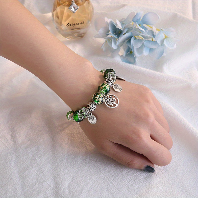 Stunning Silvery Tree of Life Green Bead Bracelet -  Elegant & Symbolic -  Green Beads & Silver - Perfect Valentine's Gift for Her