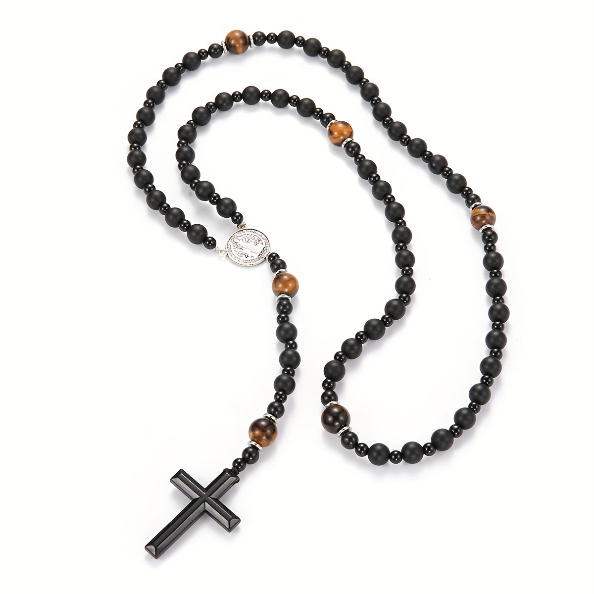 1pc Natural Volcanic Rock Black Agate & Tiger Eye Tag Cross Pendant Rosary Necklace for Men & Women