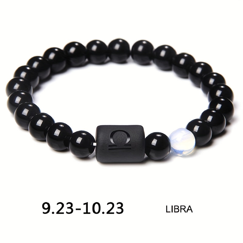 1pc Unisex 12 Constellation Signs Beads Bracelet, Black Stone Elastic Bracelet, Couples Bracelet, Charm Bracelet For Women Men Birthday Gift, Leo, Taurus, Capricorn, Libra Bracelet