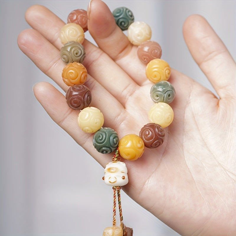 Elegant Bodhi Bead Bracelet with Intricate Carvings – Multicolor Buddhist Prayer Beads, Candy Cat Design, Ideal for Daily Wear, Beads for Bracelets