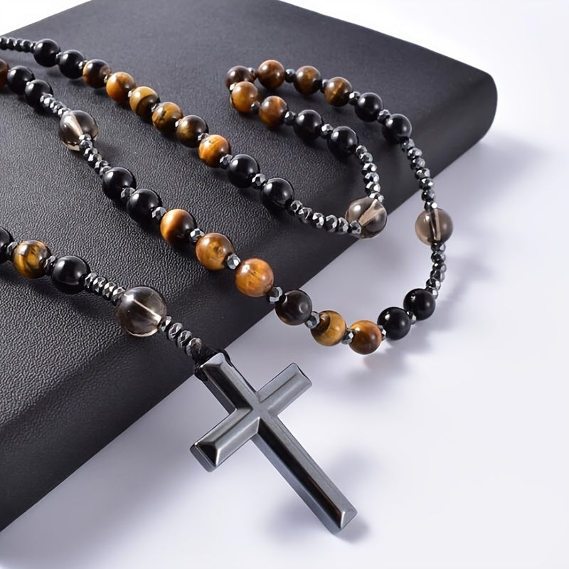 1pc Natural Tiger Eye Round Bead Long Chain Necklace with Hematite Cross Rosary Beads, Men's Jewelry for Spiritual Style