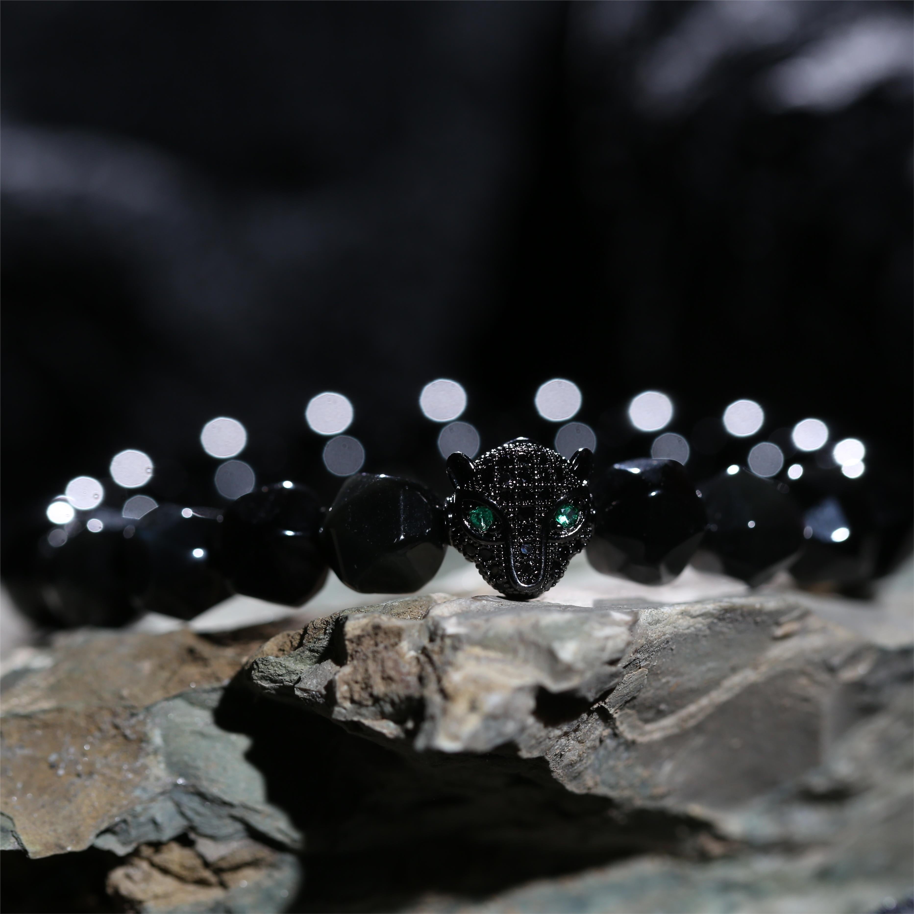 100% Handcrafted, Natural Black Obsidian Black Agate Green Eye Diamond Black Panther Bracelet, 10mm Beads, With Gift Box, Your Unisex Jewelry, Punk Style, Gift for Him/Her, Suitable for Birthdays/Anniversaries/Valentine's Day