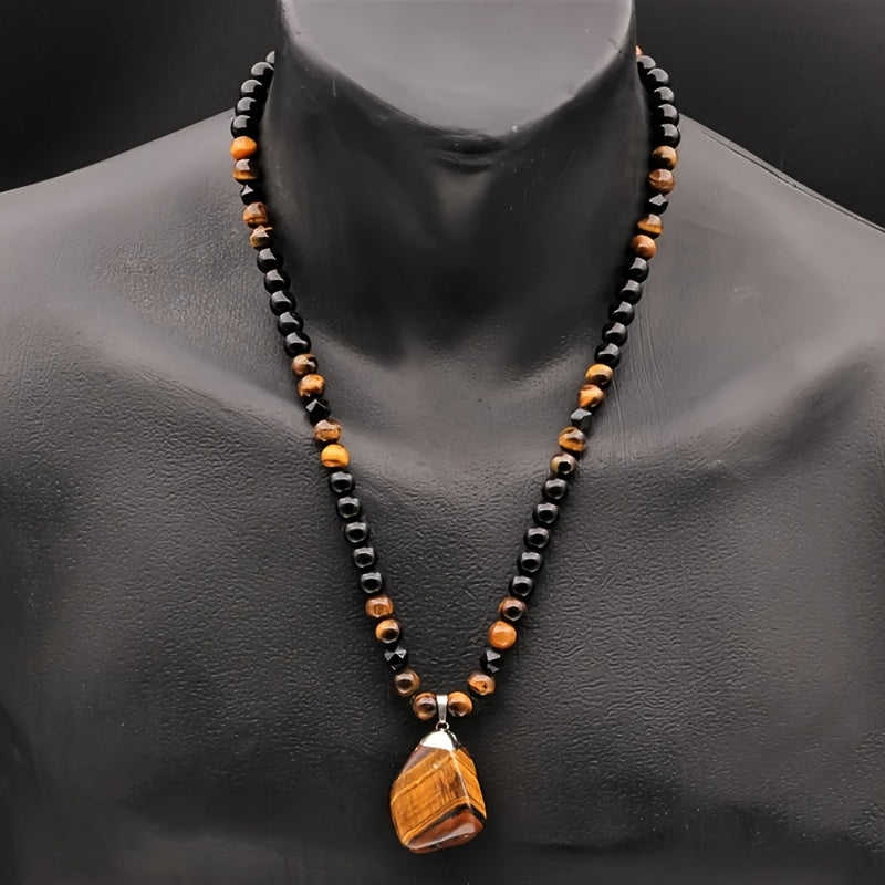 Men's 8mm Tiger Eye Stone Pendant Necklace - Adjustable Black Agate Beaded Long Chain, Unique Christmas Gift Idea