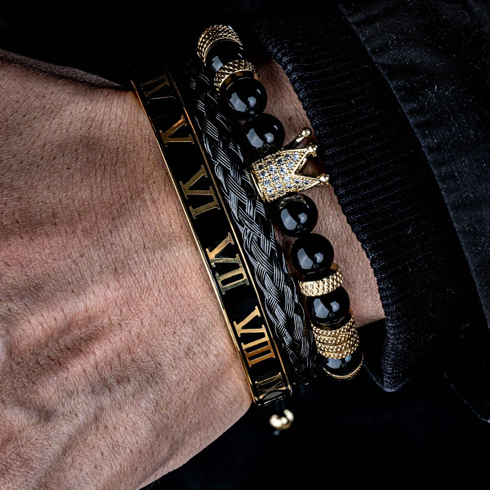 3pcs Roman Royal Crown Charm Men Bracelet, Stainless Steel Tiger's Eye Stone Geometry Open Adjustable Bracelets Couple Jewelry