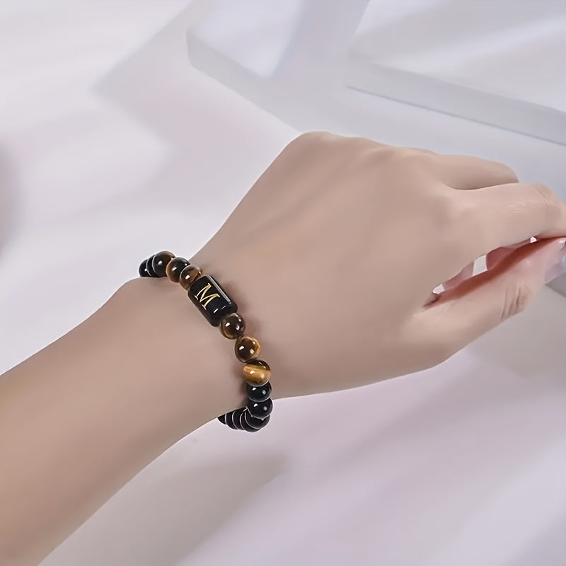 1pc Men's Tiger Eye Stretch Bracelet, Natural Stone Cuff Bracelet for Men & Women, Couple Bracelets, Father's Day Gift