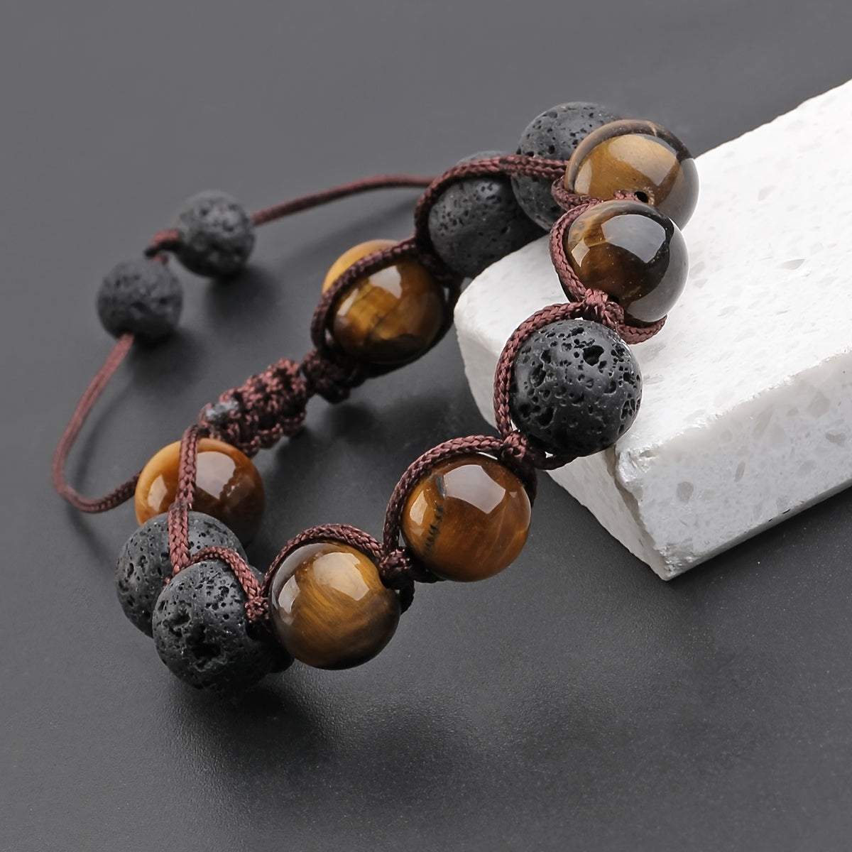 1pc 12MM Tiger Eye Volcanic Stone Adjustable Beaded Bracelet