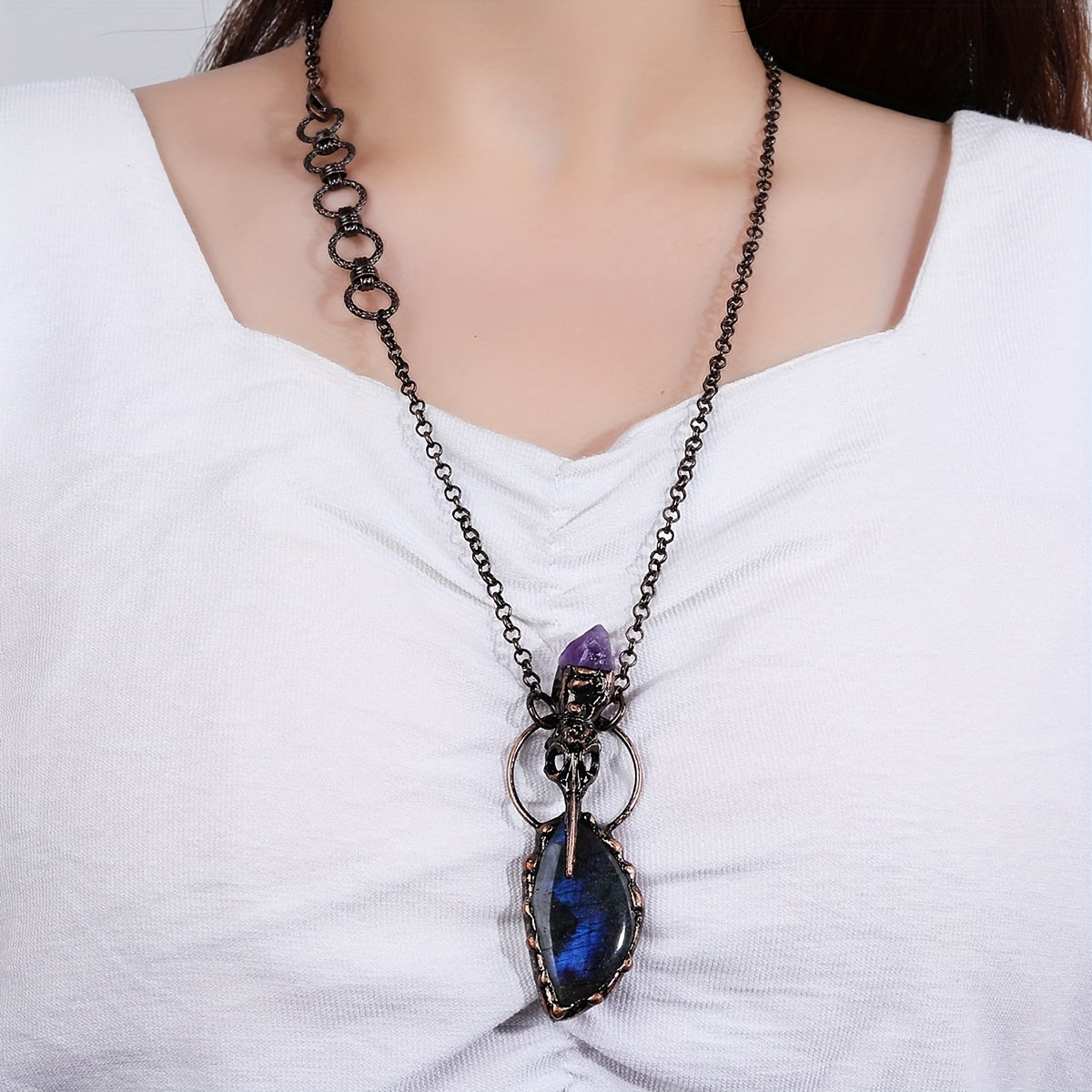 Natural Labradorite & Crow's Head Amethyst Raw Stone Pendant Necklace For Ladies Party Gifts