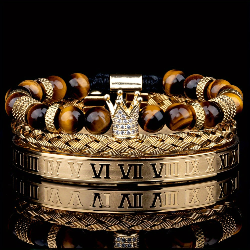 3pcs Roman Royal Crown Charm Men Bracelet, Stainless Steel Tiger's Eye Stone Geometry Open Adjustable Bracelets Couple Jewelry