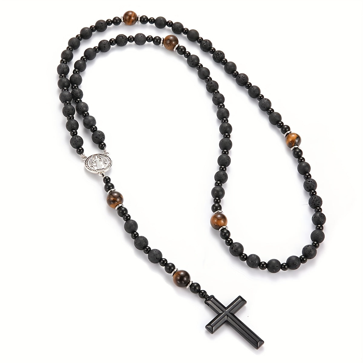 1pc Natural Volcanic Rock Black Agate & Tiger Eye Tag Cross Pendant Rosary Necklace for Men & Women