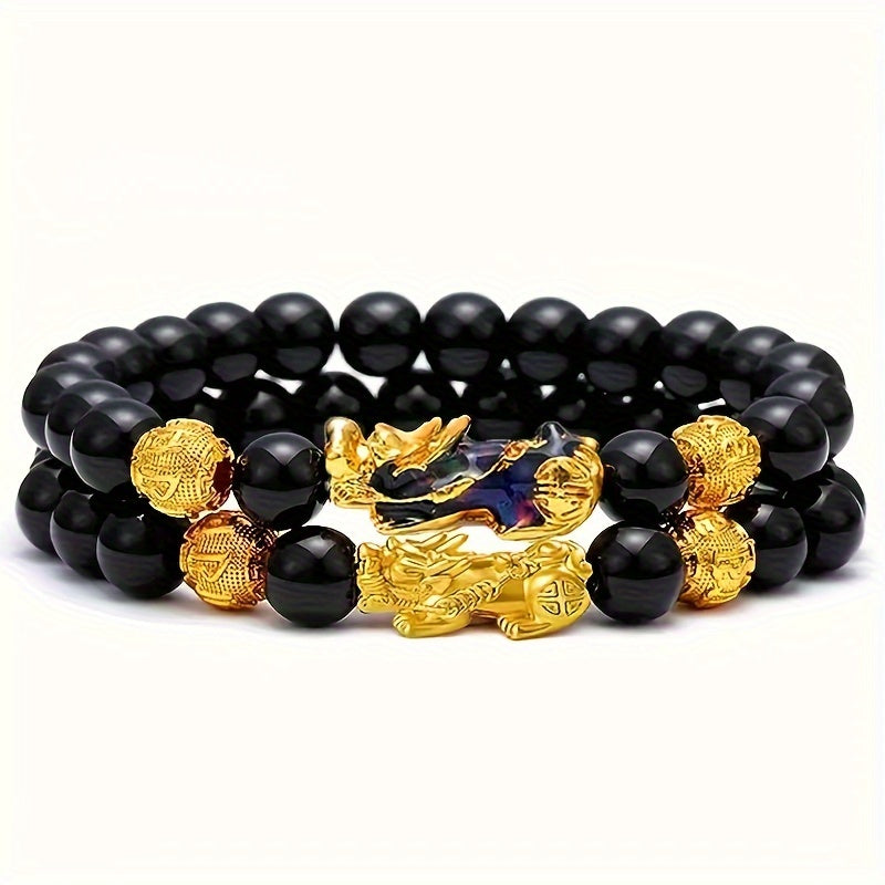 2pcs Good Luck Bracelets, Natural Tiger Eye Stone Pixiu Charm Bracelet, For Men