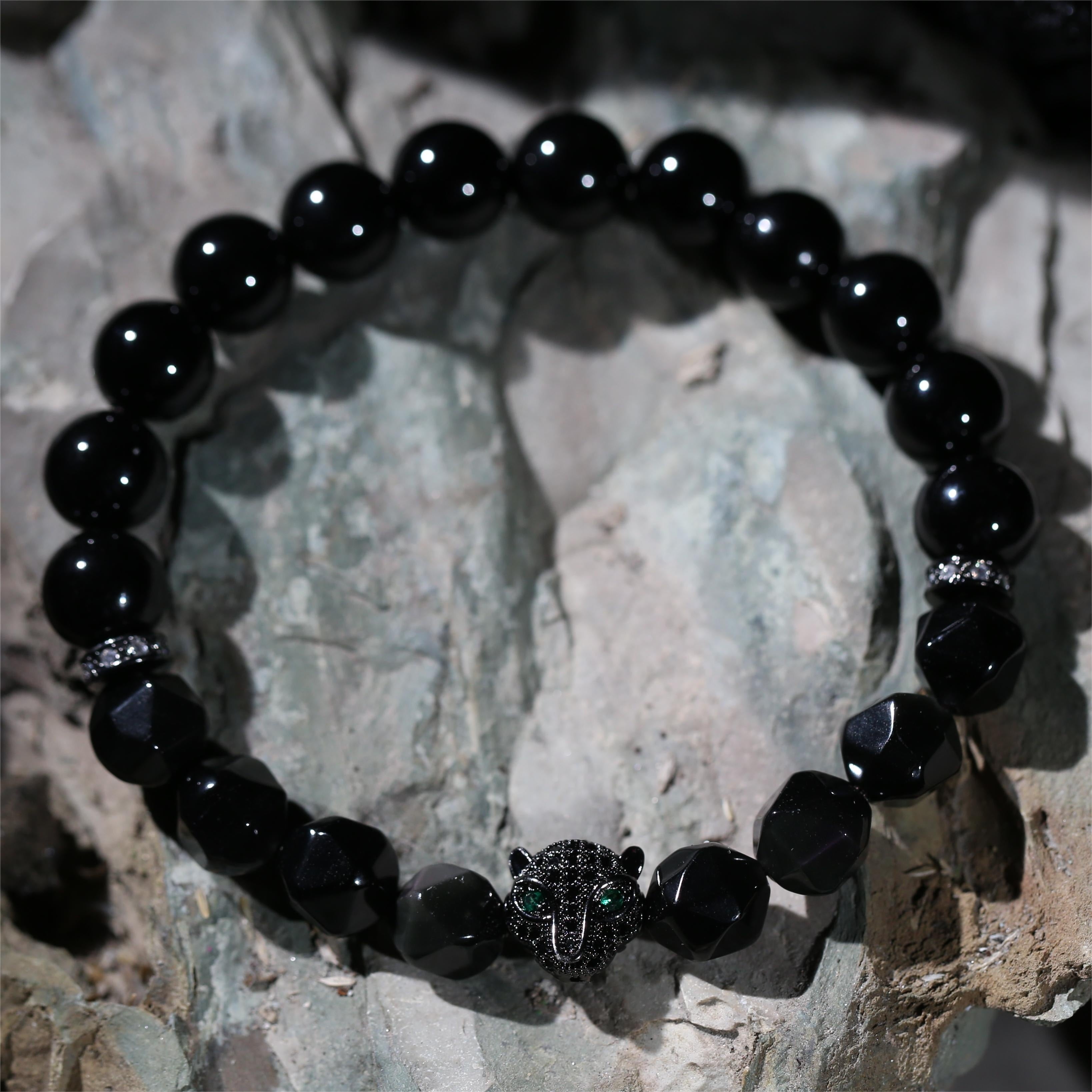 100% Handcrafted, Natural Black Obsidian Black Agate Green Eye Diamond Black Panther Bracelet, 10mm Beads, With Gift Box, Your Unisex Jewelry, Punk Style, Gift for Him/Her, Suitable for Birthdays/Anniversaries/Valentine's Day
