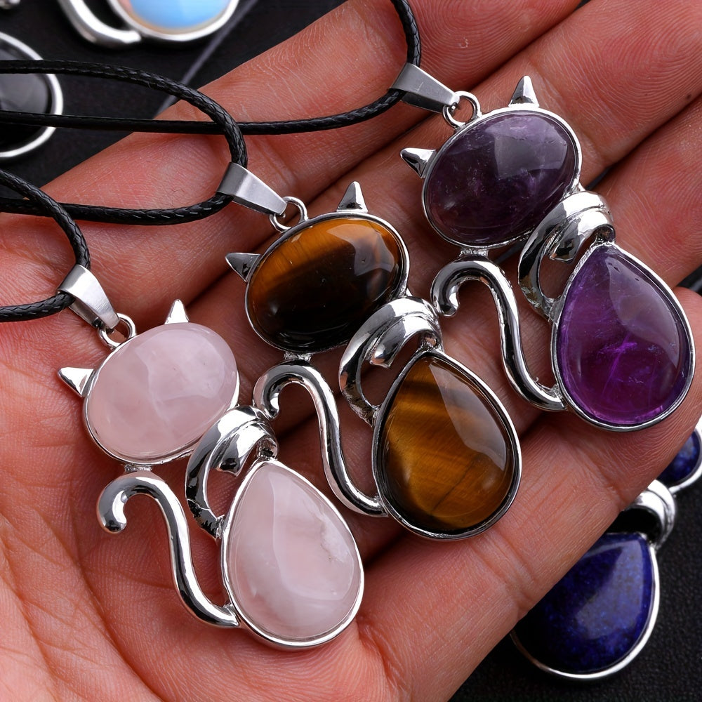 1pc Exquisite Artificial Crystal Stone Cat-Shaped Pendant Necklace, Fashion Jewelry Chain Accessory