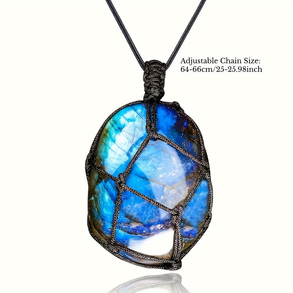 1pcs Natural Labradorite Necklace Pendant Healing Crystal Stone Braided Black Tassel Labradorite Crystal Jewelry For Men Women
