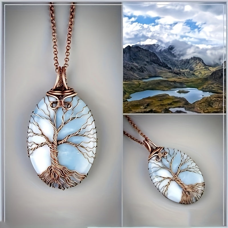 Bohemian Tree of Life Opal Pendant Necklace - Natural Stone Amulet Jewelry for Men & Women