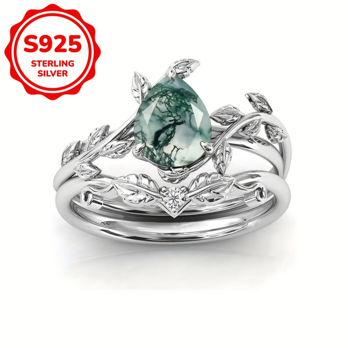 Elegant Moss Agate Promise Ring Set - 925 Sterling Silver, Natural Stone, Silver-Plated, Women's Engagement Wedding Jewelry with Unique Boho Design, Durable Construction, and Timeless Style