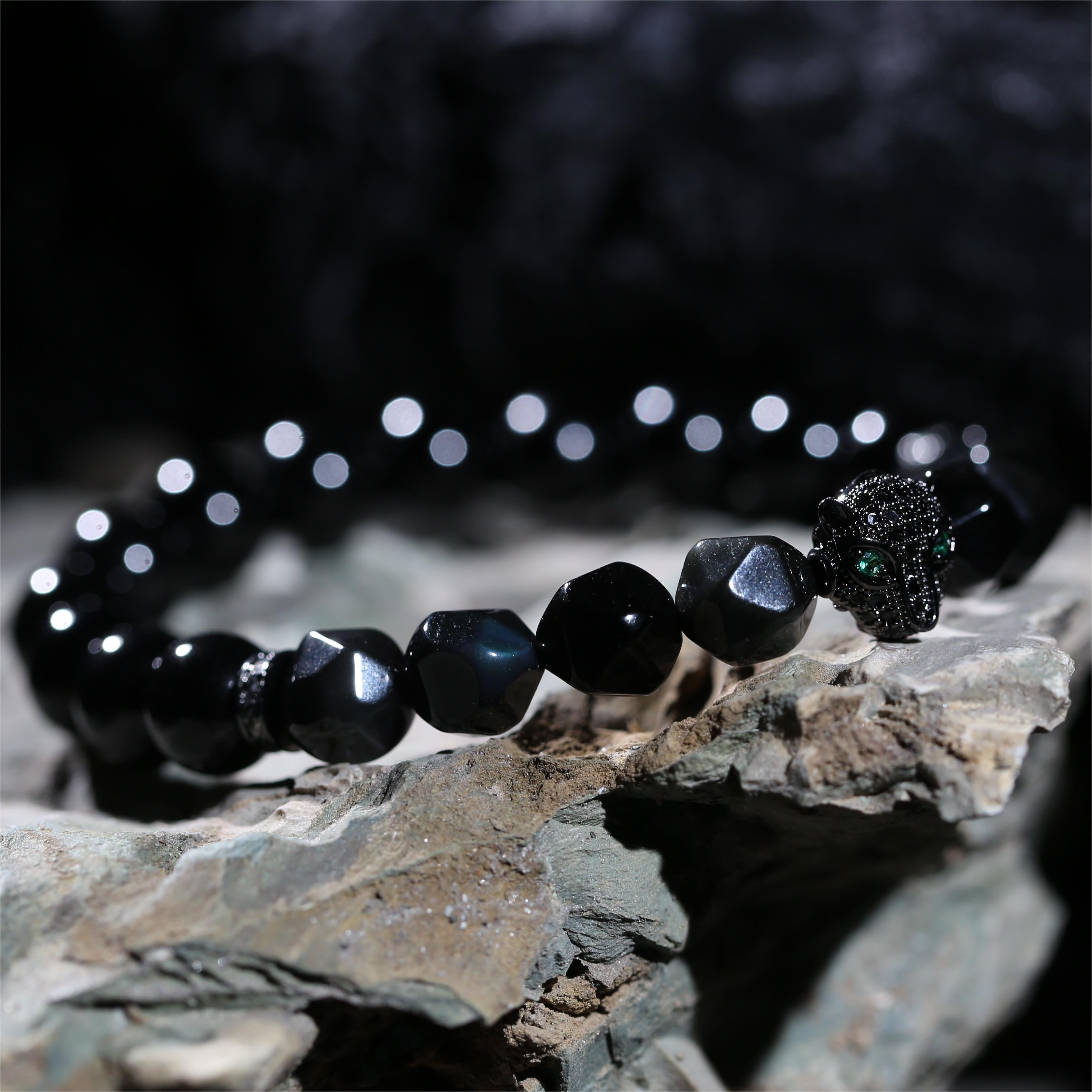 100% Handcrafted, Natural Black Obsidian Black Agate Green Eye Diamond Black Panther Bracelet, 10mm Beads, With Gift Box, Your Unisex Jewelry, Punk Style, Gift for Him/Her, Suitable for Birthdays/Anniversaries/Valentine's Day