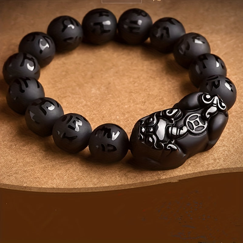 Obsidian Pixiu Six Word Motto Bracelet For Men's Frosted Six Word Truth Buddha Beads Bracelet Crystal Buddha Beads Single Loop Jewelry Bracelet