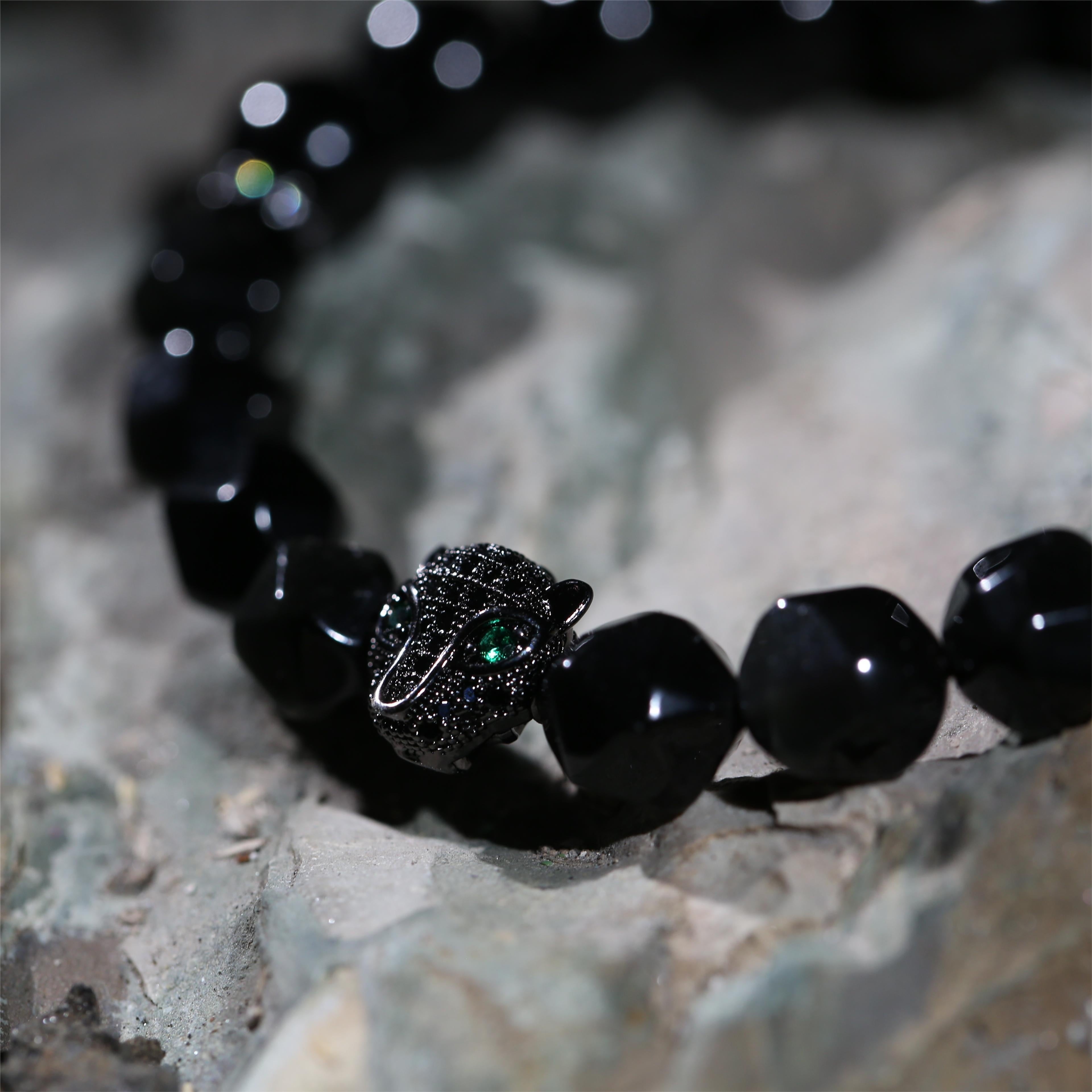 100% Handcrafted, Natural Black Obsidian Black Agate Green Eye Diamond Black Panther Bracelet, 10mm Beads, With Gift Box, Your Unisex Jewelry, Punk Style, Gift for Him/Her, Suitable for Birthdays/Anniversaries/Valentine's Day