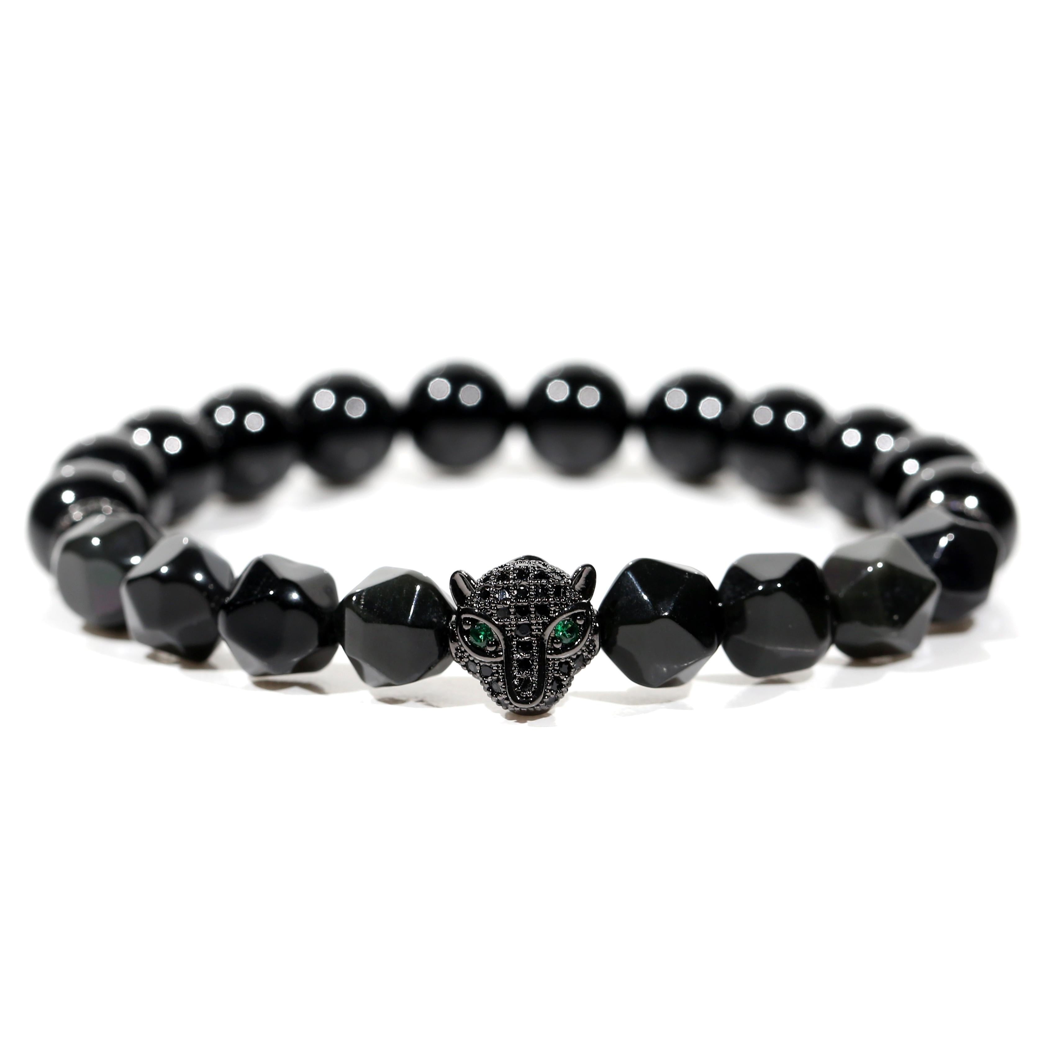 100% Handcrafted, Natural Black Obsidian Black Agate Green Eye Diamond Black Panther Bracelet, 10mm Beads, With Gift Box, Your Unisex Jewelry, Punk Style, Gift for Him/Her, Suitable for Birthdays/Anniversaries/Valentine's Day