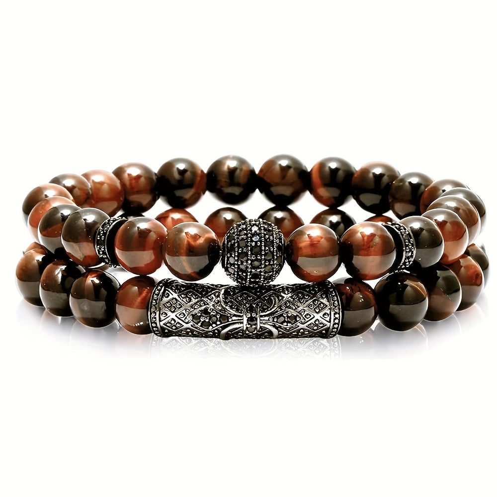 2pcs/set Trendy 8mm Tiger Eye Stone Round Beads Elastic Yoga Bracelet For Men, Holiday Birthday Gift For Boyfriends, Father's Day Gift