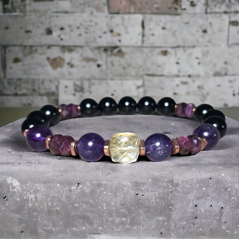 Attract Money Citrine Empathy Protection Bracelet Garnet Black Tourmaline Amethyst Bracelet Successful Healing Relief Stress Jewelry Gift