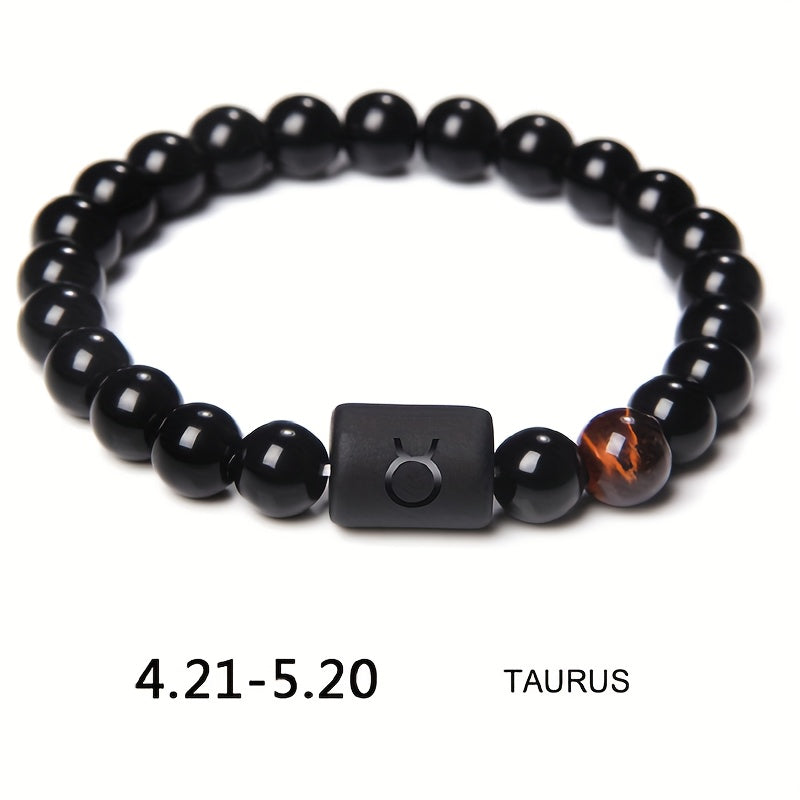 1pc Unisex 12 Constellation Signs Beads Bracelet, Black Stone Elastic Bracelet, Couples Bracelet, Charm Bracelet For Women Men Birthday Gift, Leo, Taurus, Capricorn, Libra Bracelet