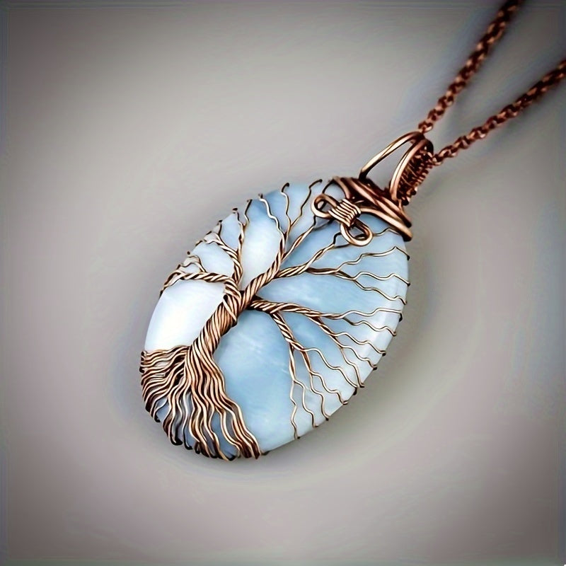 Bohemian Tree of Life Opal Pendant Necklace - Natural Stone Amulet Jewelry for Men & Women