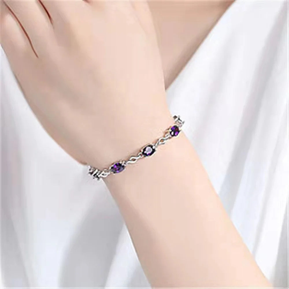 Manufacturer High Quality Jewelry Oval Purple Crystal Bracelet Wholesale 100% 925 Sterling Silver Amethyst Bracelet for Women
