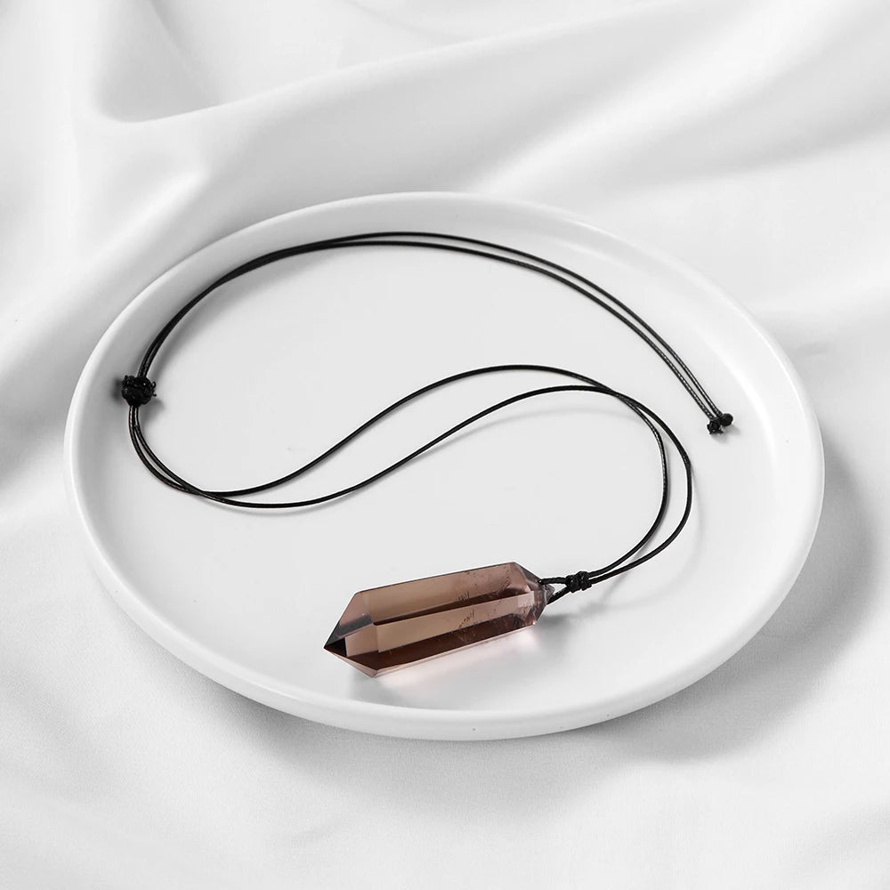 قطعة واحدة من قلادات المنشور السداسي الكريستالي من الكوارتز الدخاني الطبيعي، قلادة برأس كريستالي، حجر كريستالي شفاء، مجوهرات