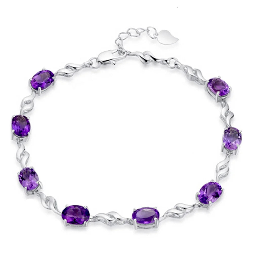 Manufacturer High Quality Jewelry Oval Purple Crystal Bracelet Wholesale 100% 925 Sterling Silver Amethyst Bracelet for Women