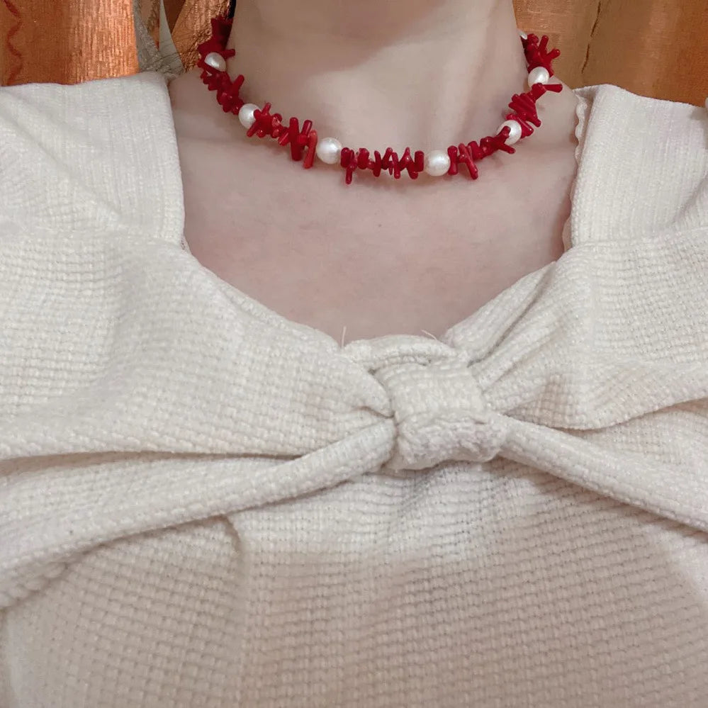 Punk Beach Bohemia Bohemia Red Coral Fashion Shell Heart Natural Stone Bead Necklace Female Jewelry