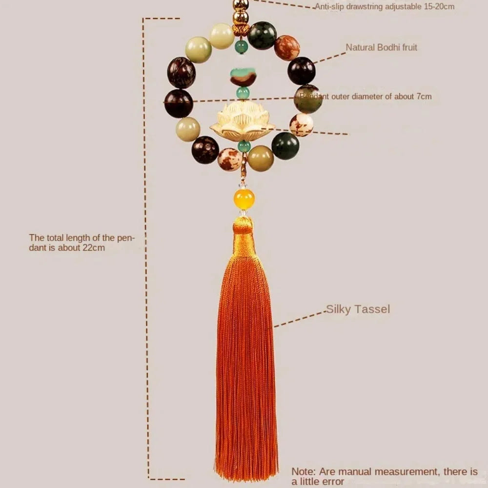 Wood Carved Bodhi Car Rearview Mirror Bodhi Pendant Bead Classical Lotus Statue Car Pendant Fengshui Lucky Home Decor