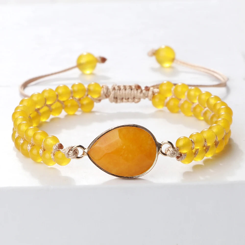 Natural Stone Pendant Bracelet Round Square Yellow Chalcedony 4mm Bead Braided Rope Fashion Charm Bangles For Woman Man Jewelry