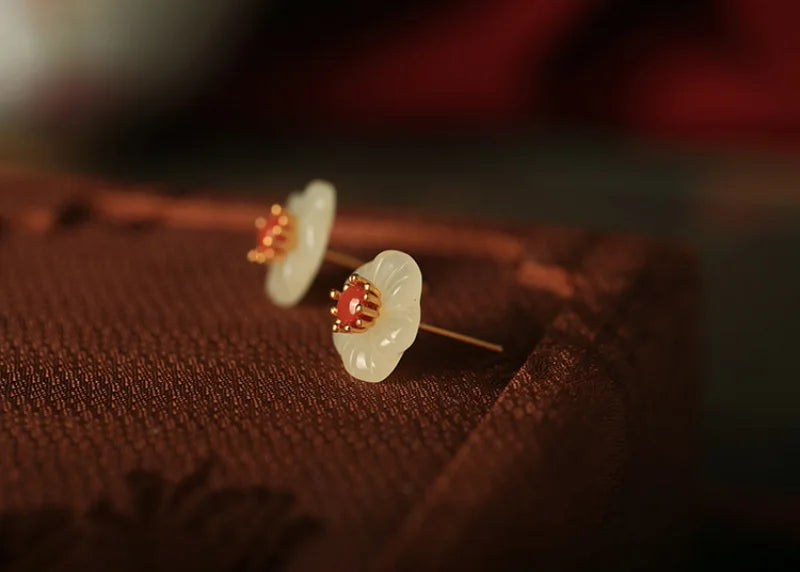 Natural Hotan Jade White Flower earrings for women Vintage South Red Tourmaline Plum Blossom earings stud Chinese Style Jewelry
